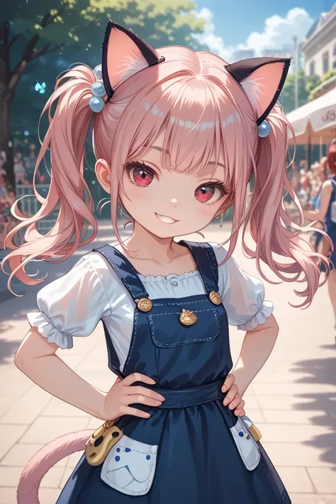  theme park, Amusement Park, light pink hair,(twintails, long hair up to waist),red eyes,smile,pinafore dress,(small breasts,cat ears,cat tails,upturned eyes),girl,(((a petite girl))),Realistic Colors and Textures,Best Quality,5 carefully drawn fingers,Han...