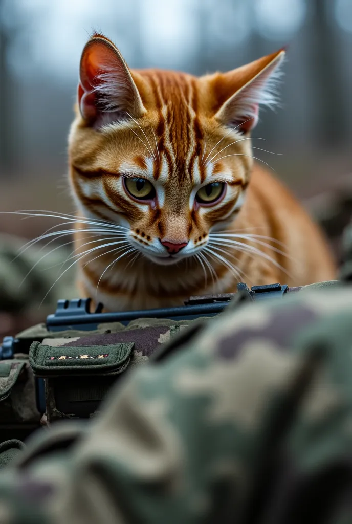 battle.
A medium shot of a military cat standing over the body of a fallen comrade. The cat is looking down at the body with sadness and respect. The image is somber and reflective, and it shows the cost of war.
A close-up shot of a military cat's eyes as ...