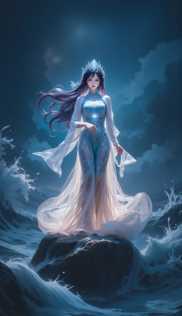 The image depicts a mystical and ethereal scene featuring a woman standing on a rock in the middle of turbulent waves. She is adorned in a flowing, translucent gown that seems to glow with a soft light, creating a surreal and otherworldly effect. Her long ...