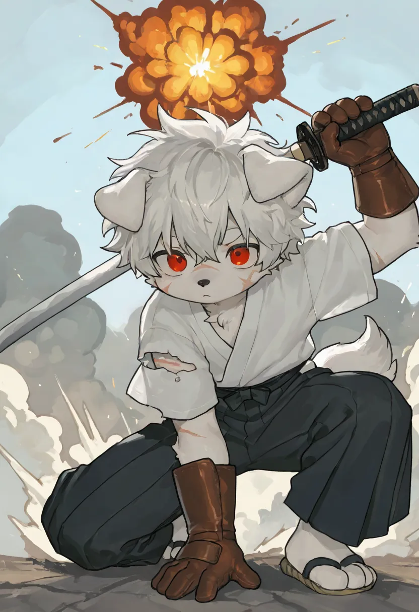 source_ furry， furry male，elementary school students，((boy)),dog boy,short hair,masterpiece, newest,absurdres, incredibly absurdres,  messy hair,masterpiece, best quality, amazing quality, front view, flowing clothes, sash, hakama, scars on face, scars on ...