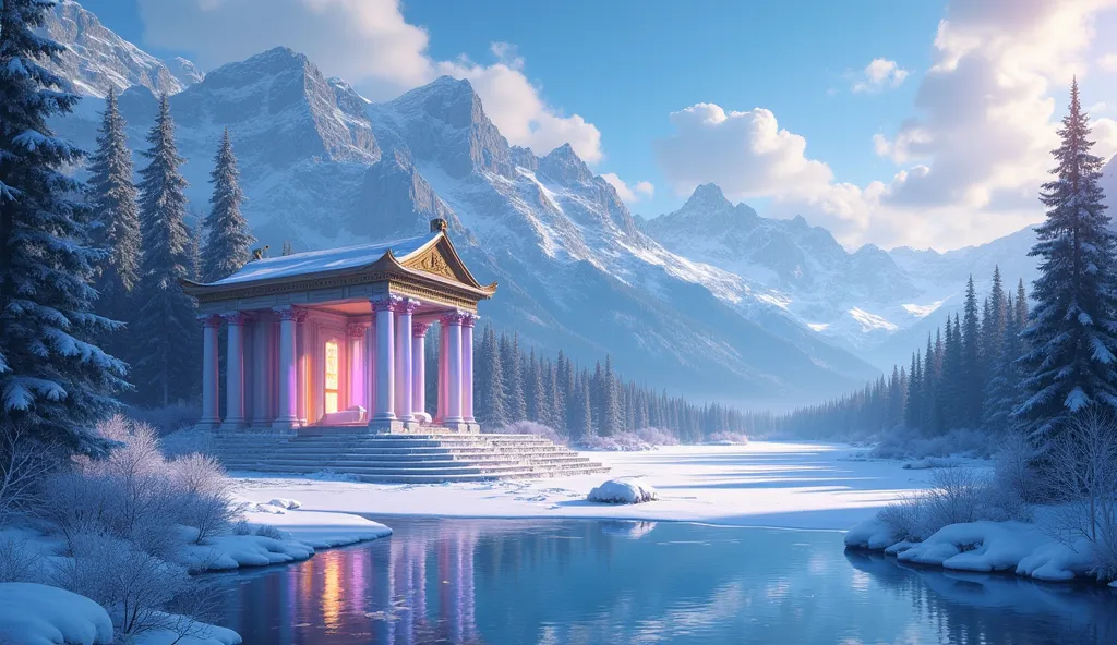 A fantasy Nordic-inspired sanctuary。On the surface of a beautiful prairie、Stone columns line up regularly in a baroque-style transparent temple、shines in rainbow colors。mountains with snow in the background々and、coniferous forest spreads out on the surface ...