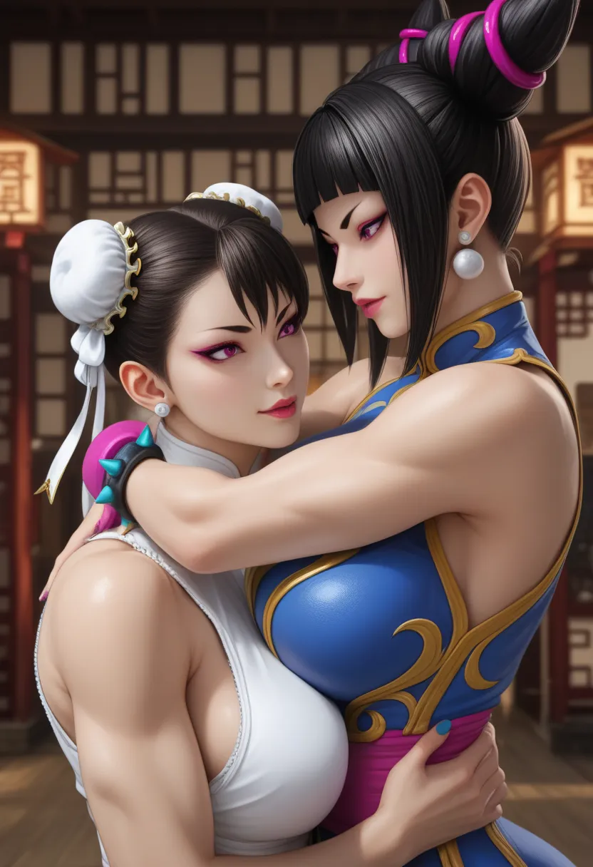 Chun li AND Yuri han, white girl, smooth skin, huge breast, 1girl, human, hair, black hair, curvy body, clothes, breast, score_9,score_8_up,score_7_up, best quality, detailed image, detailed face, perfect shadows, perfect eyes, gorgeous body,  Body, NSFW, ...