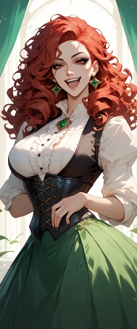 A tall sexy girl beautiful big breasted beautiful curly red hair wavy long laugh her light red eye wide black eyelash dresses white top cut under a vest black corset and short green skirt long brown boot