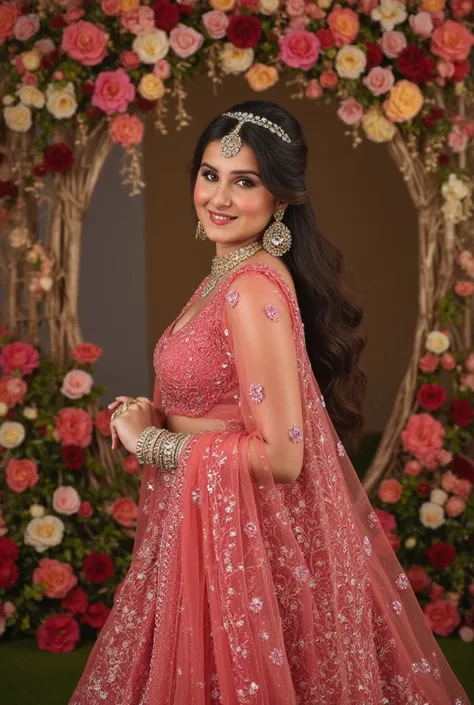  (((Stunningly Beautiful persian Princesss ))), elegant red black updo hair, sweet smile, Beautiful bride posing under a fairy tale arch of exotic magical flowers, looking back,elaborate scene style, crystal glass lattice, glitter, transparent embroidered ...