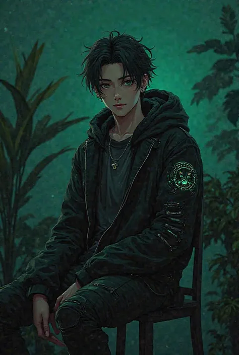 /imagine prompt: A male anime-style character wearing a futuristic black jacket with glowing details, sitting in a studio with dark green background, plants on the side, cinematic lighting, highly detailed, 4K