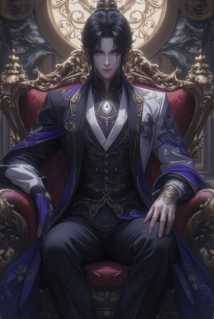 anime style nobleman, with black hair, and silver eyes
