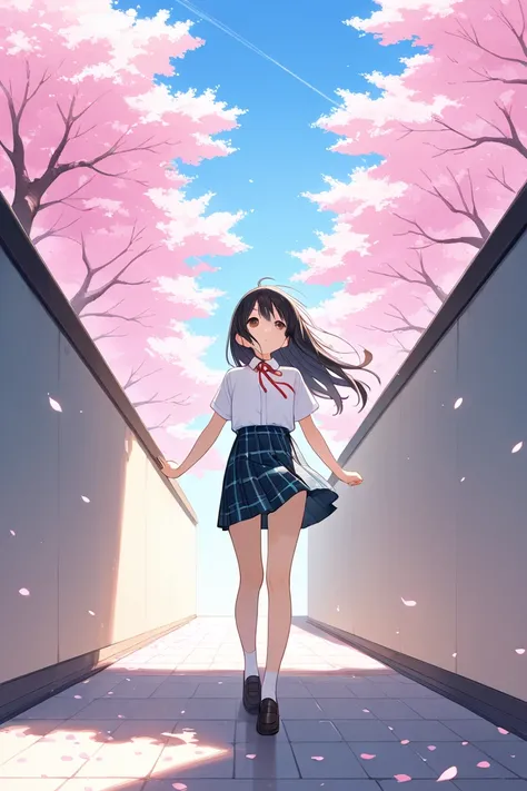 A young and cute Japanese girl in her early s has big brown eyes, long black hair, small breasts, and a flat chest、red ribbon on the collar of a white shirt、Tartan Check Pleated Skirt、I'm looking up at the sky、Holding hands in the air、blue sky、My hair is d...