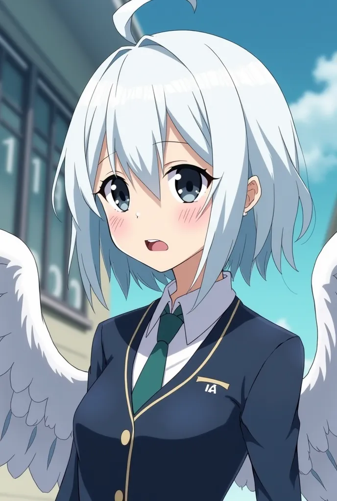 Screenshot of My Hero Academia.
Girl with white hair with light blue, She has white wings,  measures 1.69, she has black eyes she has a line in her eyes, and her teeth two of them are half fangs, serious expression. Has the UA uniform, in the background ha...