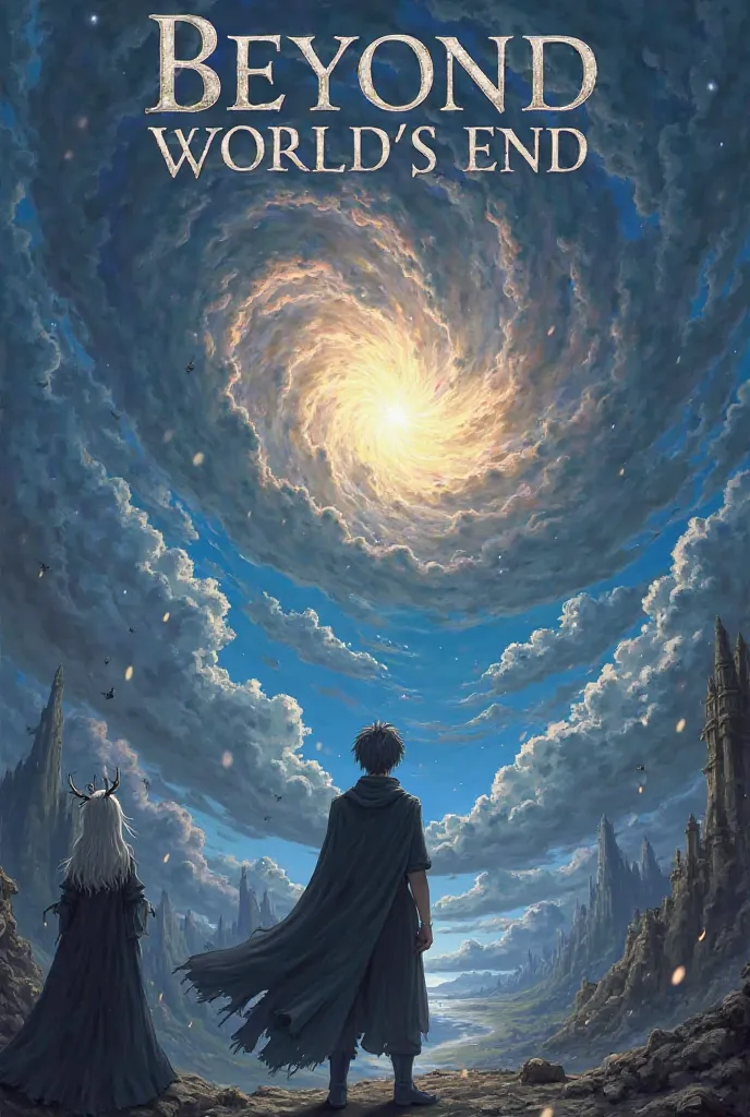 A dark fantasy novel anime style cover featuring a mysterious young man standing at the edge of a ruined world, his back facing the viewer as he gazes into a swirling sky filled with ominous storm clouds and flickers of golden light breaking through. In th...