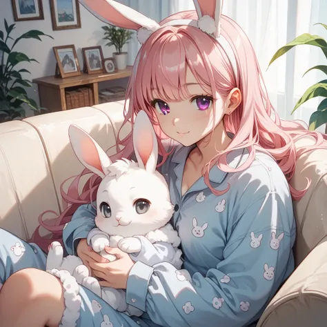 1 woman、long pink hair、 loose fluffy waves 、gray eyes、 beautiful and cute、White rabbit ears、 fluffy pajamas、sofa、 on the boy