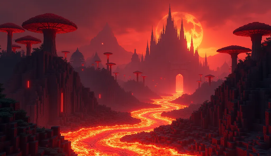 A terrifying, yet mesmerizing Minecraft-inspired Nether landscape. Rivers of glowing lava flow between jagged blackstone cliffs. Giant crimson mushrooms grow in the distance, and eerie ghasts float through the air. In the background, a massive fortress loo...