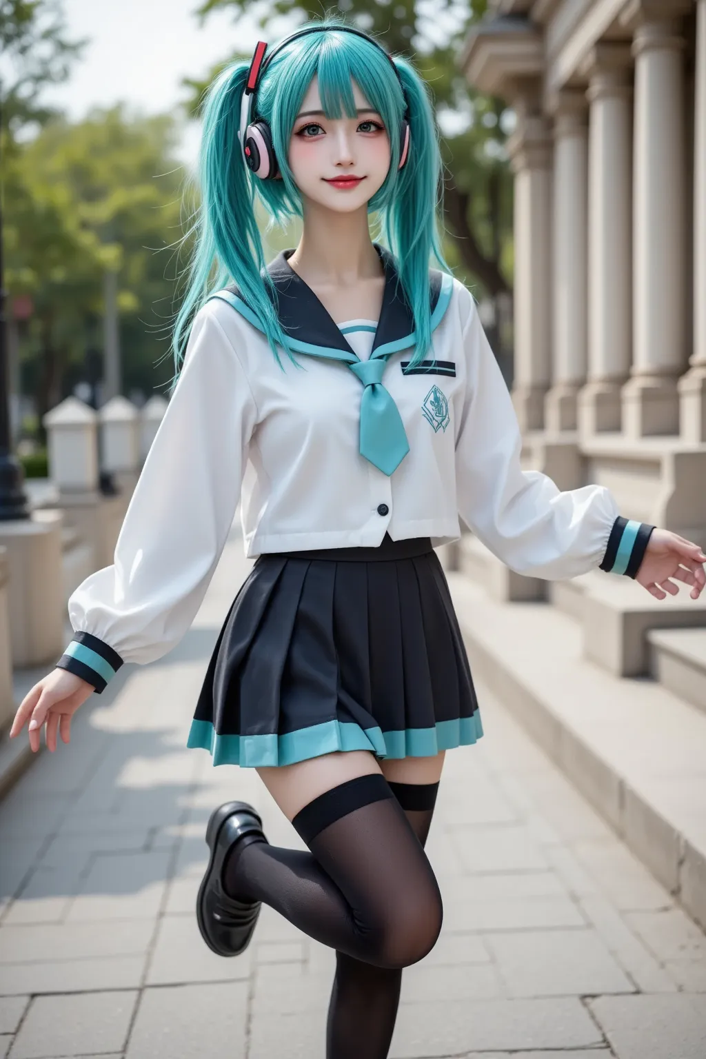 A realstic photo of a slim beautiful girl in cosplay.her smily Expression, She is wearing  long sleeves school uniform with white shirt with sailor collar and aqua necktie and pleated skirt, and black thighhighs and black loafers shoes, she has long aqua t...