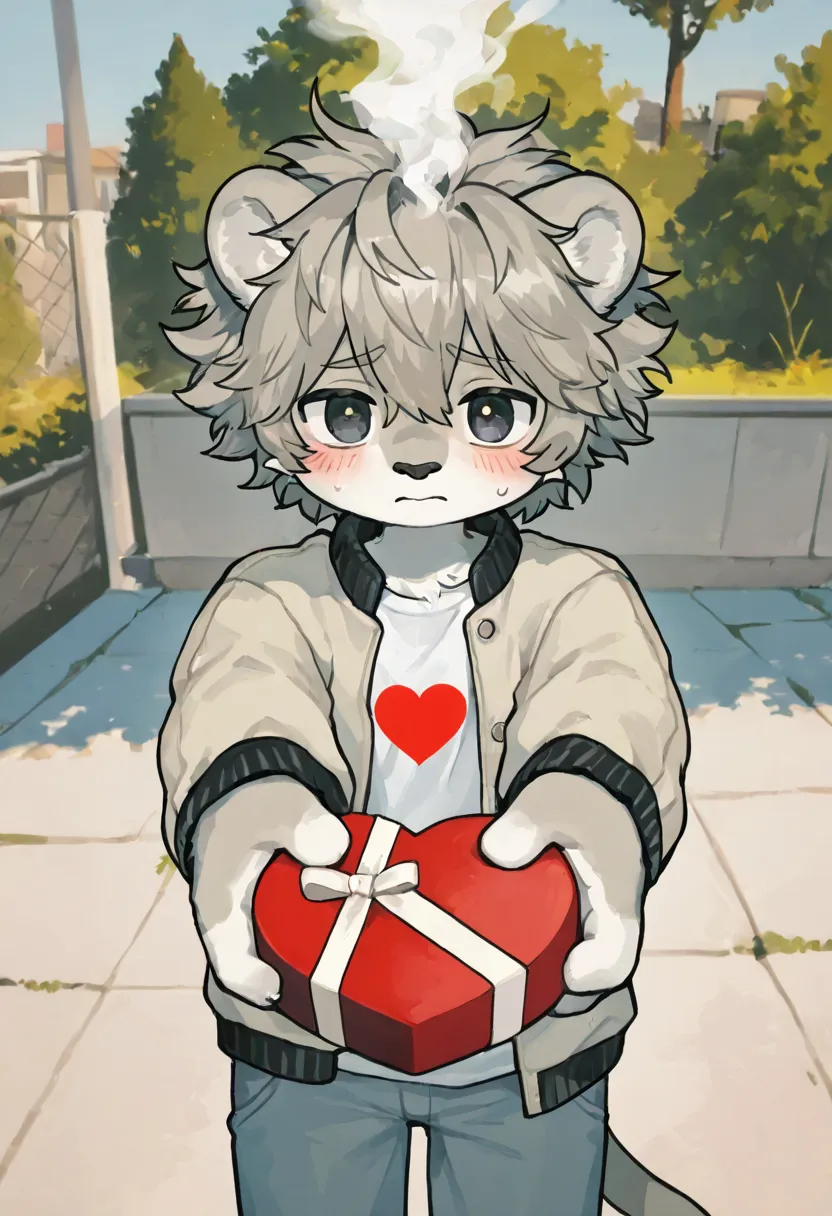 source_ furry， furry male，elementary school students，((boy )),lion boy ,short hair,masterpiece, newest,absurdres, incredibly absurdres,  messy hair, cute anthro, alone,strong closed mouth,embarrassed,light head steam，shirt,jacket，
light head steam,sweatdro...