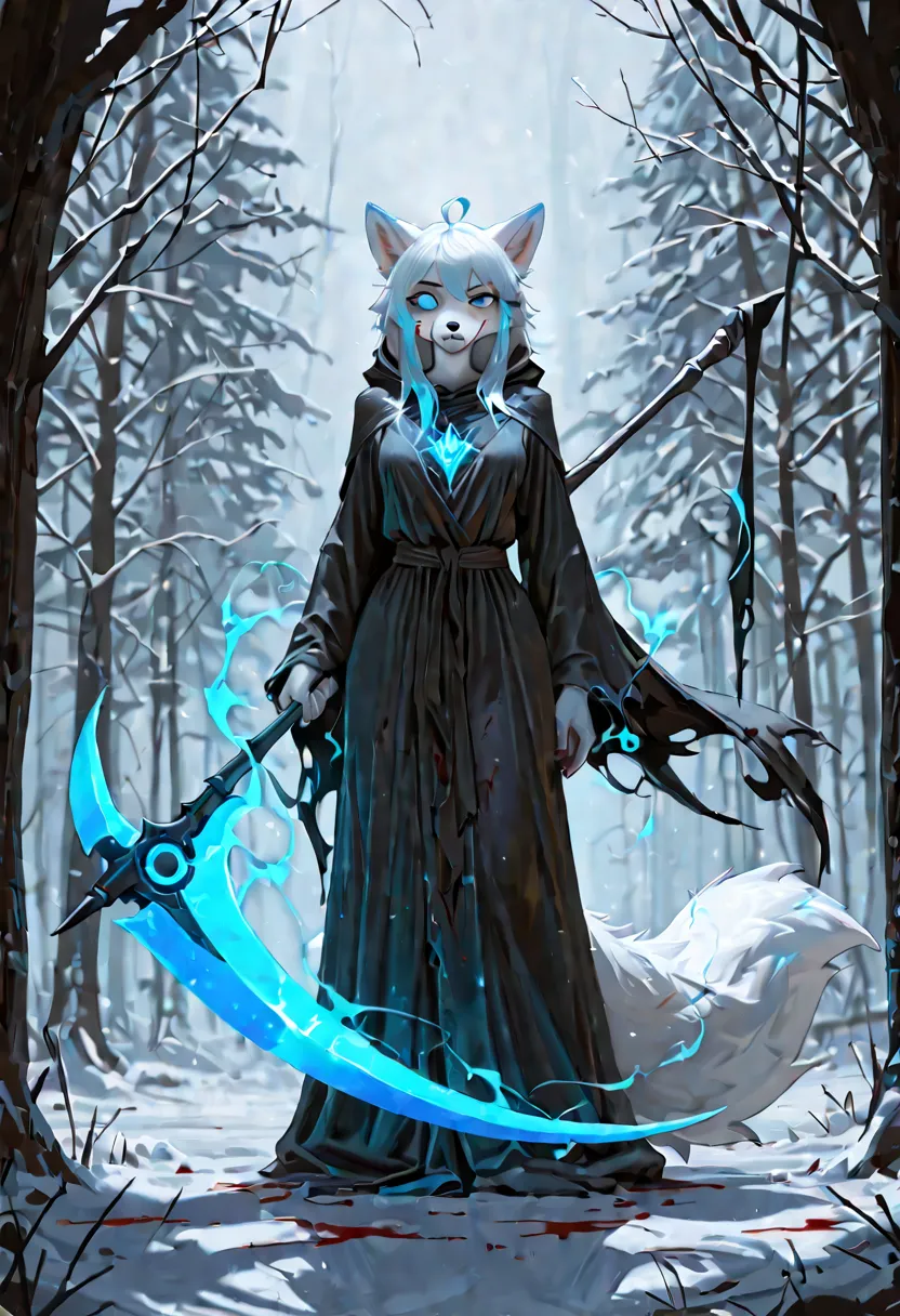 masterpiece, best quality, ultra-detailed, best illustration, solo, 1girl, dynamic pose, furry, anthro, fox, white fox, white fur, blue eyes, dark robe, robe, reaper, BigBig, furry, animal ears, animal tail, fur, body fur, cold, blood, blood in face, glowi...