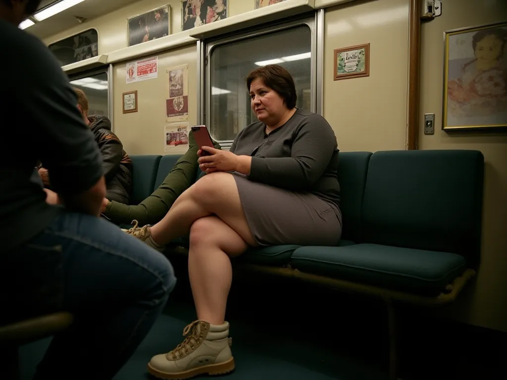 Amateur camera photo point of view style from men sitting next to  Czech short chubby women in her forties sitting in the European old night train closed coupe with six seats and some small advert frame on the wall . She is looking with surprise at her sma...