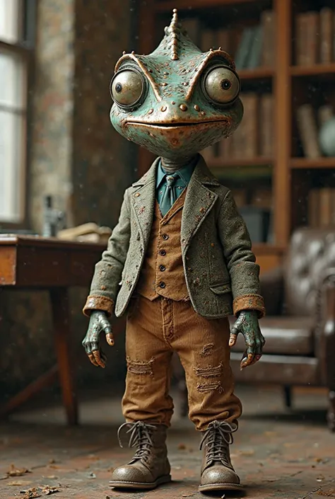 A hyper-realistic, ultra-high-definition 4K render of a bizarre yet charming creature, a vintage chameleon made entirely of old, corroded metal.

Its body is primarily metal, with a slightly dulled, worn texture, showcasing signs of rust, scratches, and ag...