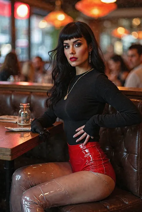 Katy Perry waring a Clear Plastic legging underneath a red pvc tanga with a black sweater sitting in a restaurant in New York 