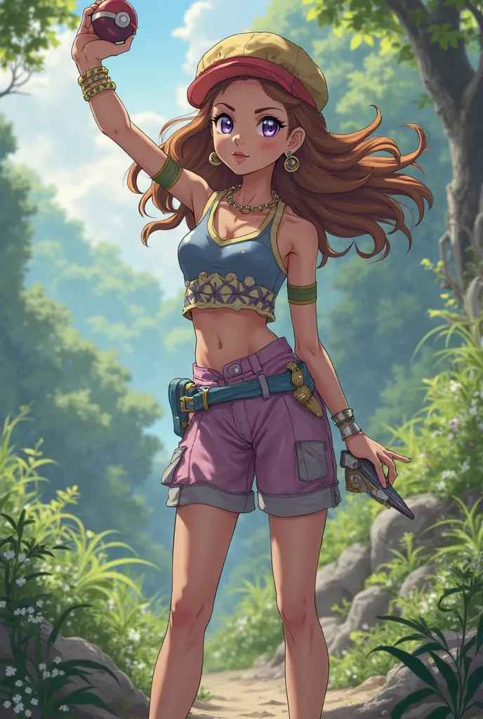 Girl pokemon trainer holding pokeball with brown hair and lilac eyes