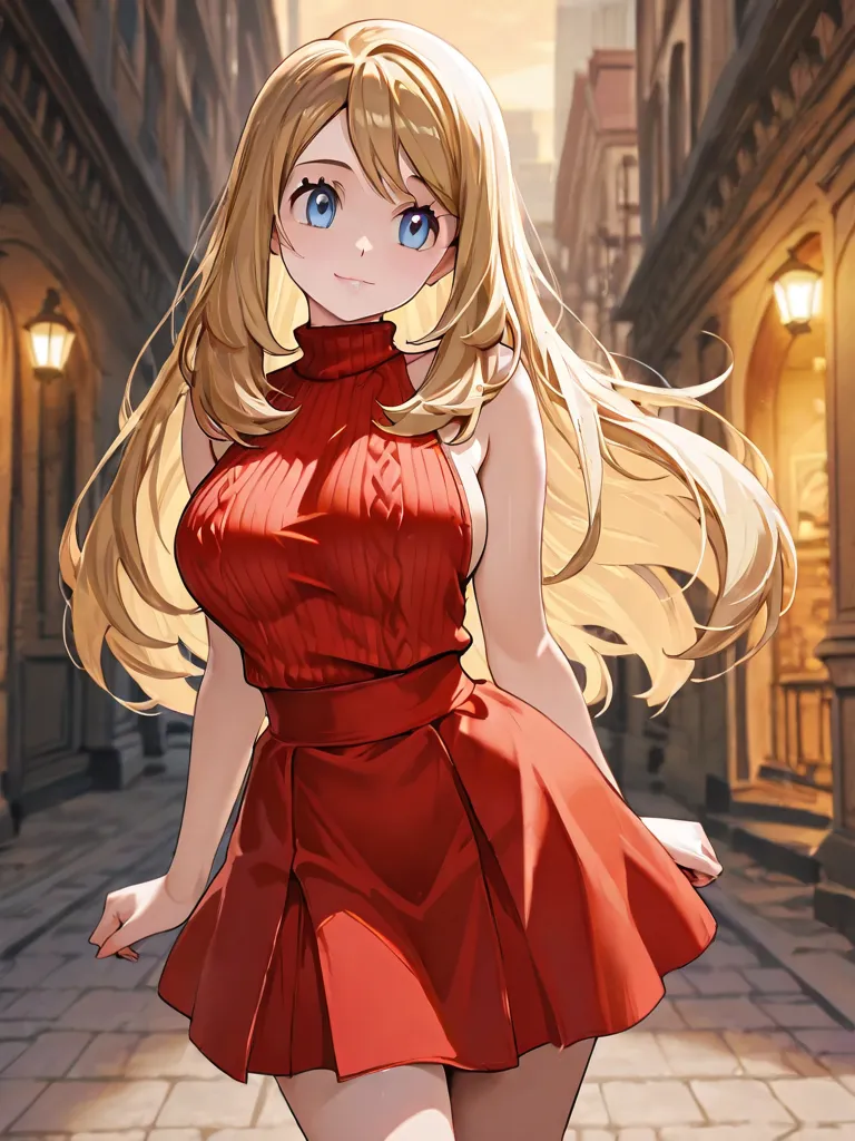 Serena , from Pokemon, with blue eyes, blonde hair, she has normal size breast,she wears a  black gry sleeveless sweater in skirt she wears red white printed frock ,and she smiles is sudden, she stand, she looking at front making a tilt pose, background bi...