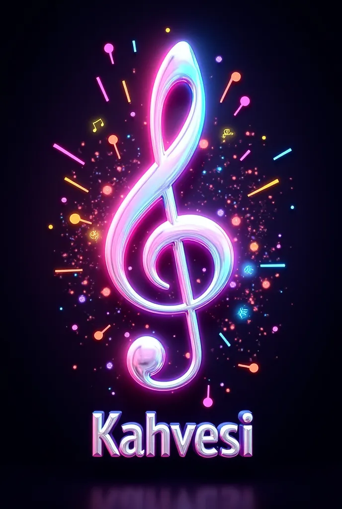 "A futuristic and colorful digital artwork featuring a large, glowing treble clef in the center. Surrounding it, vibrant musical notes and dynamic light streaks create a sense of movement and energy. The background is dark, making the bright colors stand o...