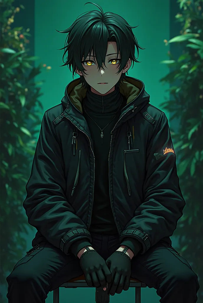 /imagine prompt: A male anime-style character wearing a futuristic black jacket with glowing details, sitting in a studio with dark green background, plants on the side, cinematic lighting, highly detailed, 4K in front chamra 