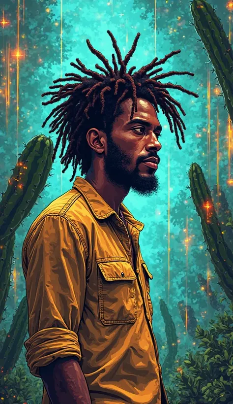  Create an ultra realistic image in 8k , in a comic book-style cartoon, A Jamaican with Rastafarian hair, On the net, next to a large cactus plant, planted