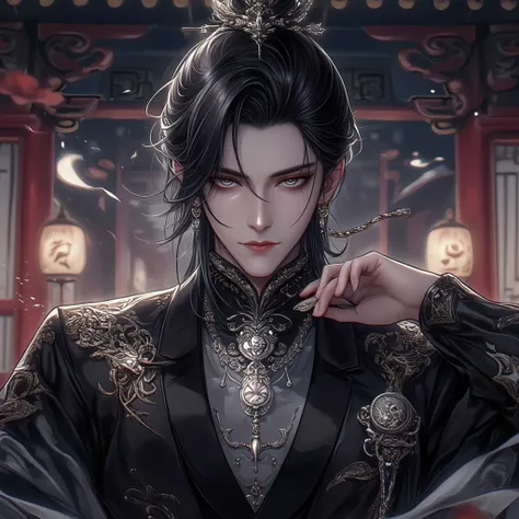 anime style nobleman, with black hair, and silver eyes, and silver jewelry