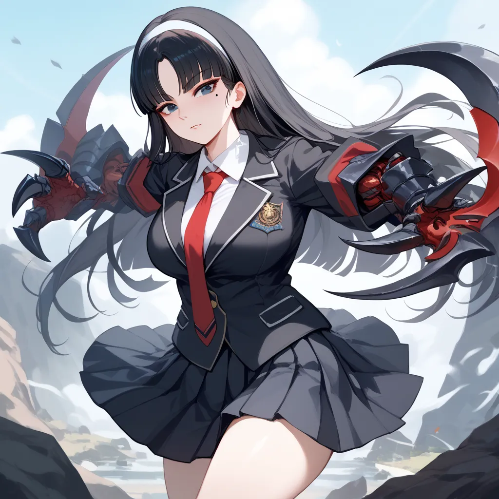 ((​masterpiece))、((Best Quality))、kwkm , black eyes, black hair, long hair, blunt bangs, parted bangs, white hairband, mole under eye, school uniform, red necktie, black jacket, black skirt, pleated skirt,large breasts,,rocky skin (arms), tendrils, right a...