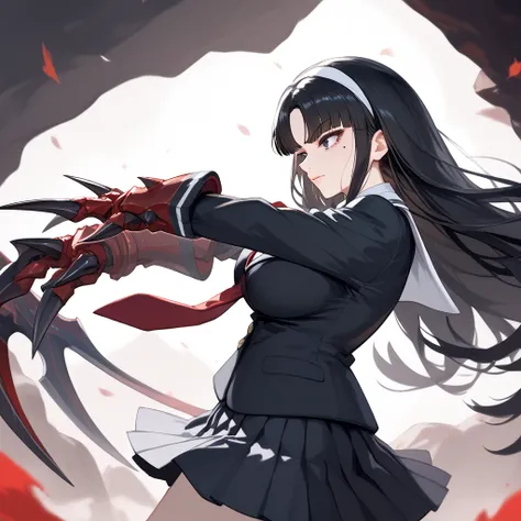 ((​masterpiece))、((Best Quality))、kwkm , black eyes, black hair, long hair, blunt bangs, parted bangs, white hairband, mole under eye, school uniform, red necktie, black jacket, black skirt, pleated skirt,large breasts,,rocky skin (arms), tendrils, right a...