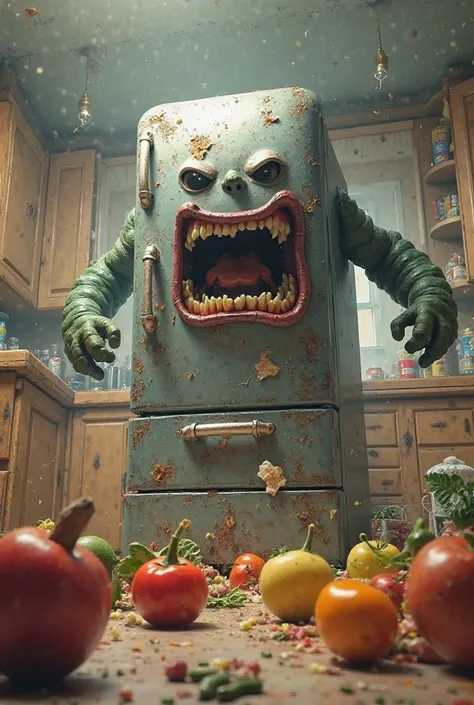 An angry fridge chasing after foods and the fridge is tall and angry