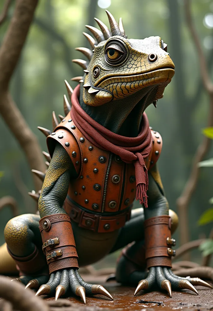 A hyper-realistic, ultra-high-definition 4K render of a bizarre yet charming creature, a vintage iguana made entirely of old, corroded metal.
Its body is primarily heavy, jagged metal, with large, angular plates that resemble a combination of rusted armor ...