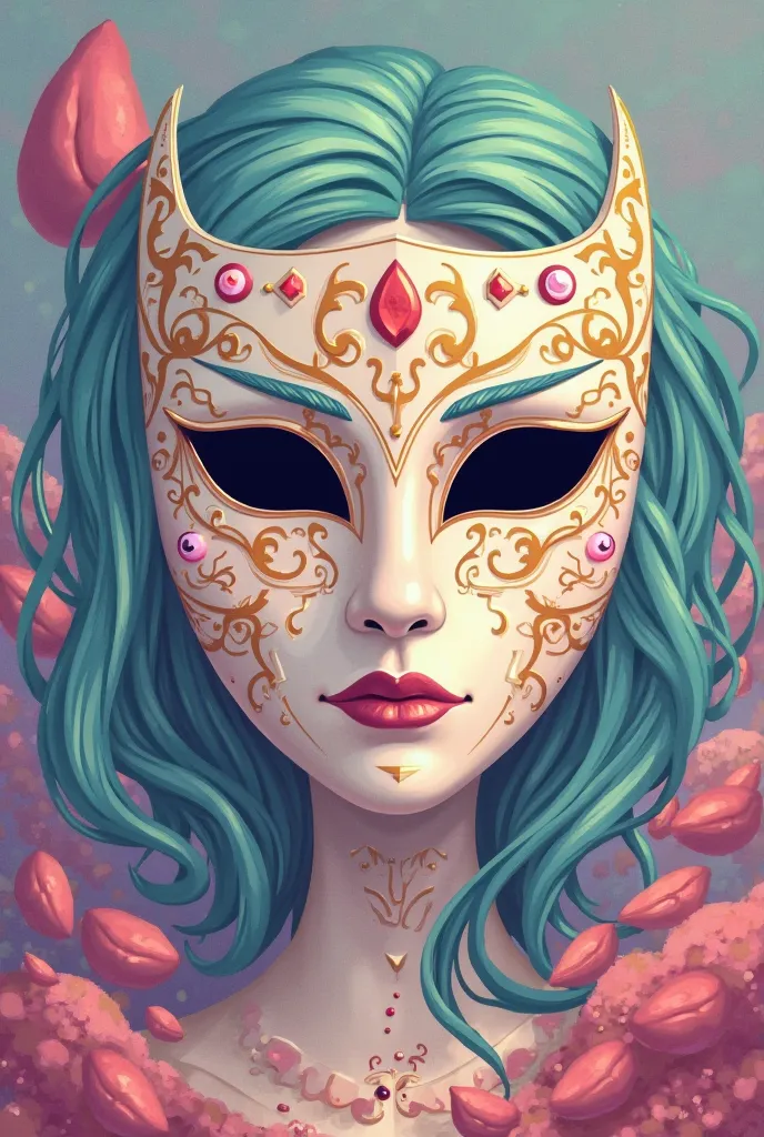 Generates an artistic style illustration similar to Adventure Time, with a palette of vibrant and saturated pastel colors. The scene must show 2. The person: 
 
image: A social mask, elegant but with a subtle crack that reveals the interior.
 
 meaning: Th...