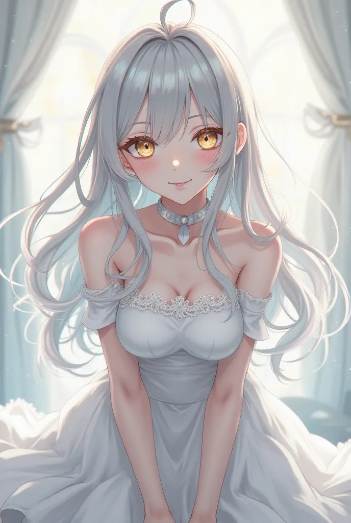 Anime-like smile,long hair, bangs, skirt,Gray Hair, 分け目のあるbangs, 斜めbangs,  natural perm, with golden eyes,  delicate hair,An ephemeral and mysterious atmosphere,1 girl crouching,high neck white lace dress,full body,
