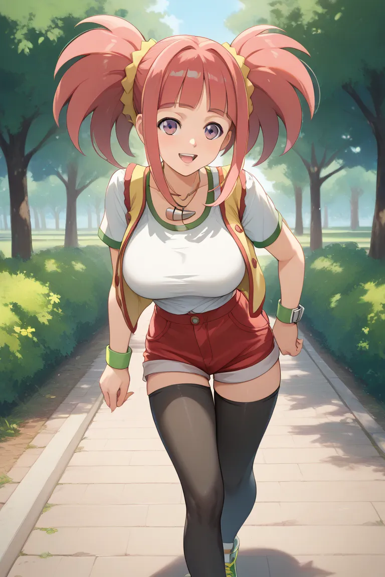 Zoe Drake  (Tatsuno Malm) Dinosaur king, high resolution, ultra detailed, 1 girl,  16-year-old body, big breasts, small black short sleeve shirt,  bare abdomen, small safari vest unbuttoned over it, mustard and scarlet color, mini shorts mustard and scarle...