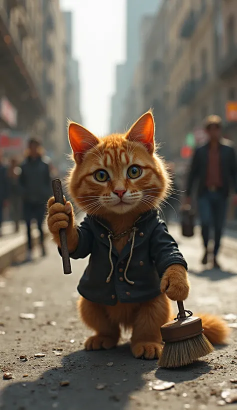 A real, realistic little orange cat that is very poor, wears a torn black shirt, has a shoe brush in his hand, wipes the shoes of the passers-by and covers it with money