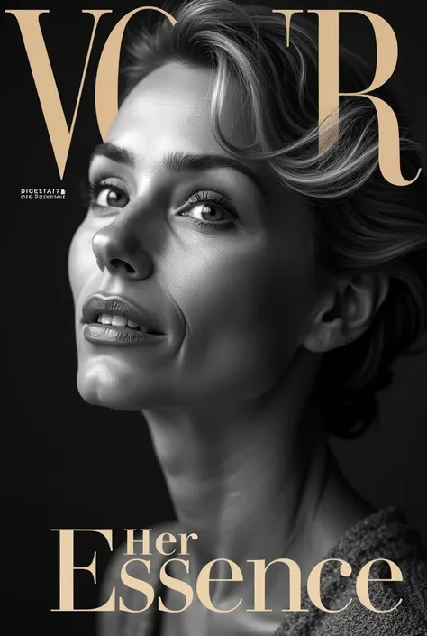 Create a magazine cover with a central title: "Her Essence". An artistic portrait of a mature woman, Confident and radiant, black and white portrait with dramatic lighting. Neutral and Sophisticated Color Palette: white, negro, beige, gold and earth tones.