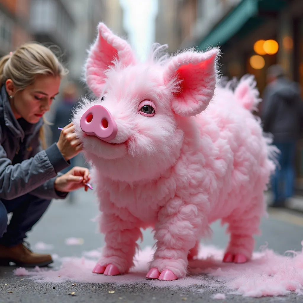 image réaliste HD : un artiste de rue fabrique un cochon en utilisant de la Barbapapa, le cochon est donc de couleur rose et semble floconneux, cotonneux