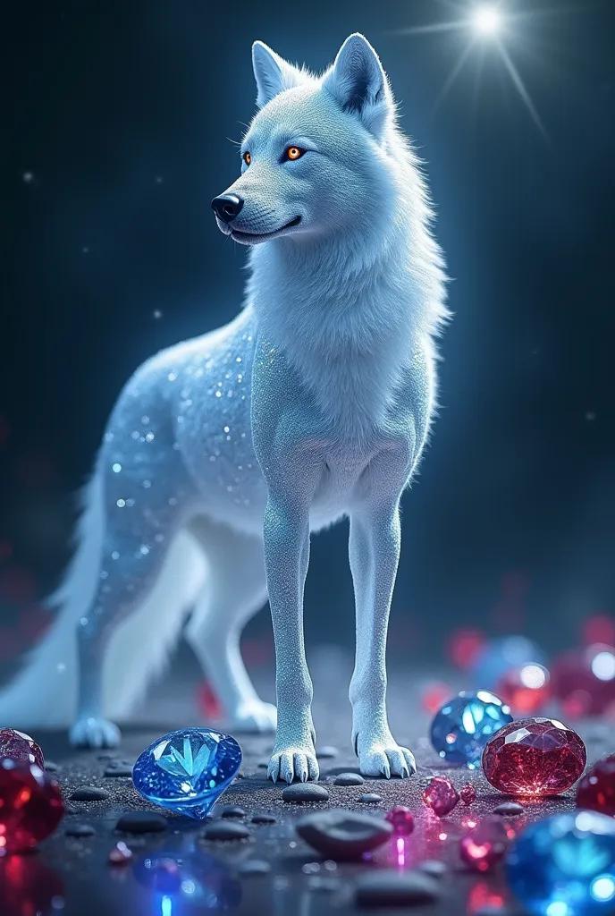 a diamond wolf helping the moonlight. On the surface there are diamonds,  blue sapphires, Red rubies and green emeralds with vibrant and intense colors that sparkle with flashes in the moonlight.