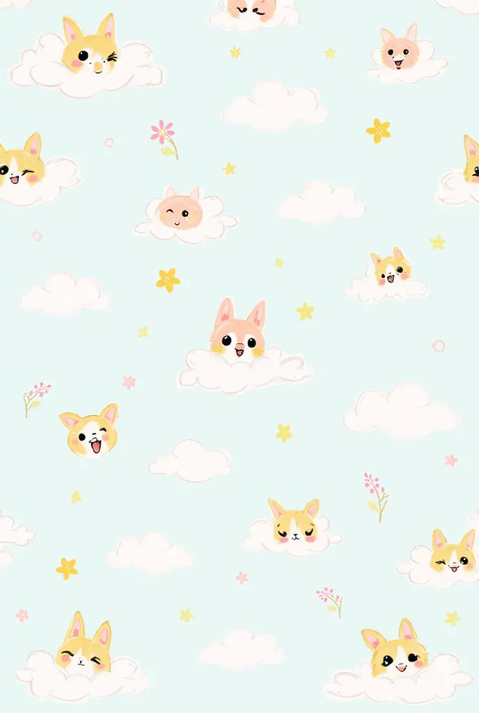 Cute cartoon pattern wallpaper with icons related to ren, white tones, clouds, sky, flowers