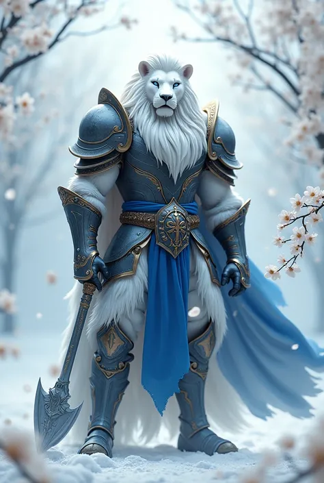 front view,gallant knight with blue eyed white lion head, with epic mane hair,and human body,white hairy athletic body,wears colossal combat armor. The epic, Black combination ,white and blue ,wears blue belt cloth,Walking in the middle of a snow-white pla...