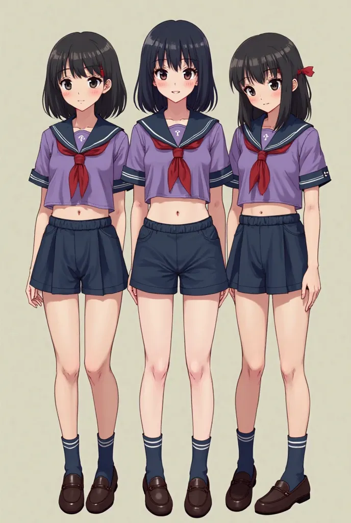 Brainwashed, the upper body is a purple short-sleeved sailor suit that hides up to the stomach　A trio of high school girls with navy blue bloomers on their lower bodies
Japanese women with big breasts　dark eye makeup　Growing Fangs　Nails get longer too　Tri-...