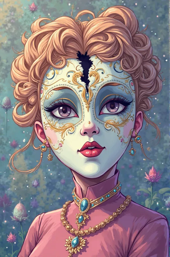 Generates an artistic style illustration similar to Adventure Time, with a palette of vibrant and saturated pastel colors. The scene must show 2. The person: 
 
image: A social mask, elegant but with a subtle crack that reveals the interior.
 
 meaning: Th...