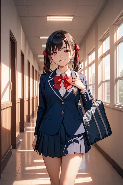 A Mysterious Transfer Student,red ribbon blazer uniform,pleated skirt, Mysterious Smile 