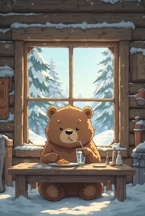 a lonely bear eating dinner with a glass of water, in a wooden house with a snow-covered background. hình ảnh theo phong cách anime