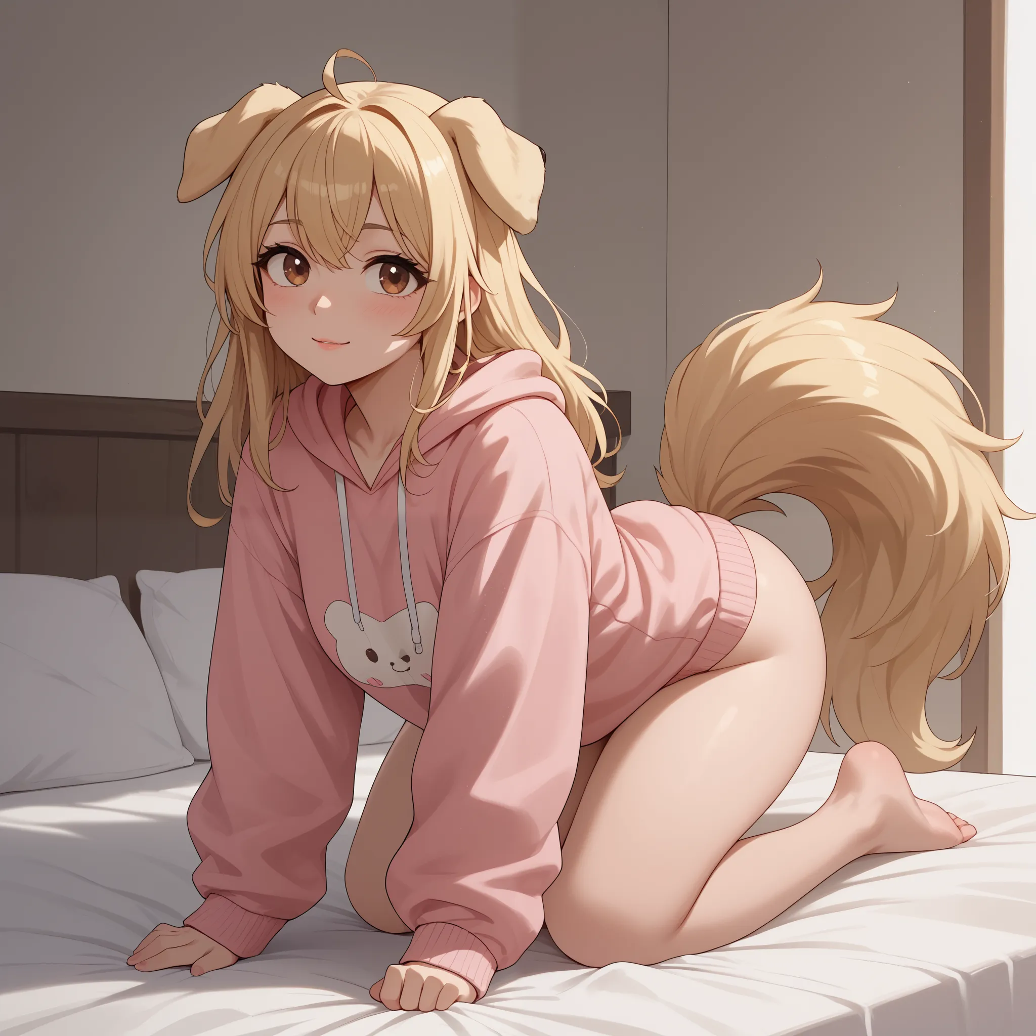 (Masterpiece) (High Detail) (High Res) A short curvy slim Humanoid canine female with pale human skin and brown eyes and long blonde straight hair and fluffy blonde floppy doggy canine ears and a long fluffy blonde doggy canine tail and medium breasts. She...