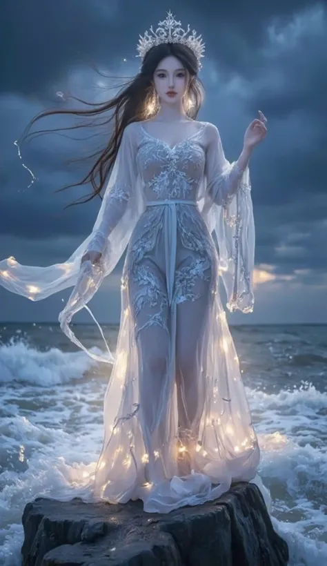 The image depicts a mystical and ethereal scene featuring a woman standing on a rock in the middle of turbulent waves. She is adorned in a flowing, translucent gown that seems to glow with a soft light, creating a surreal and otherworldly effect. Her long ...