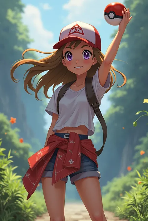 Girl pokemon trainer holding pokeball with brown hair and lilac eyes