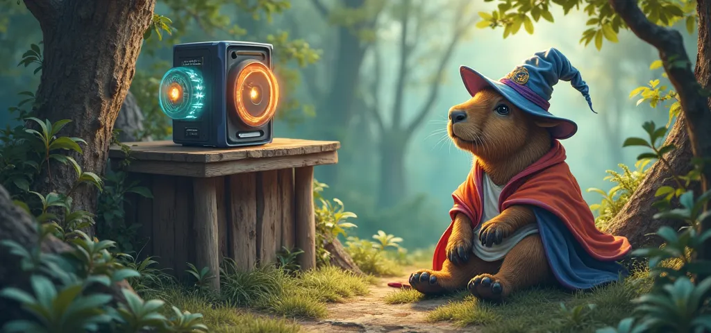 Create a 1200 x 480 banner of a capybara dressed as a wizard inside a forest sitting on a log and a tree table playing on a gamer PC