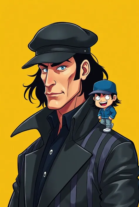  cartoon. a man with long dark hair wearing a black cap and a coat with dark and light vertical stripes. He has a serious and slightly arrogant expression. On your shoulder, there is a smaller, stylized version of himself, wearing a blue hat and casual out...