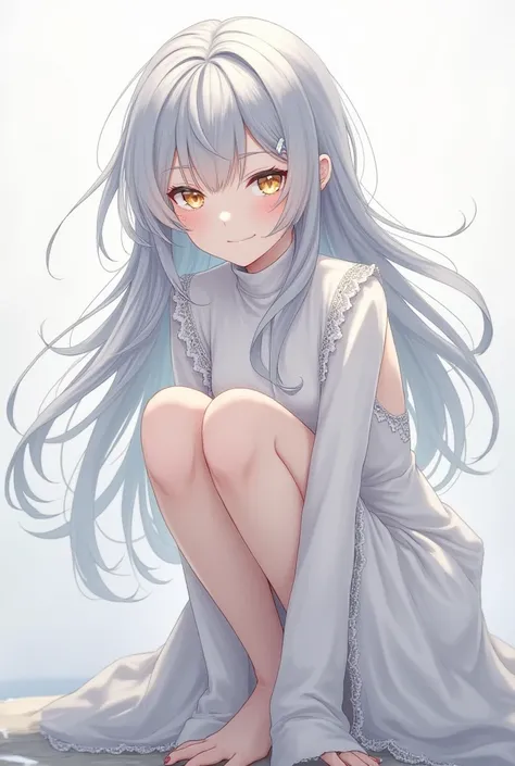 Anime-like smile,long hair, bangs, skirt,Gray Hair, 分け目のあるbangs, 斜めbangs,  natural perm, with golden eyes,  delicate hair,An ephemeral and mysterious atmosphere,1 girl crouching,high neck white lace dress,full body,Standing,standing
